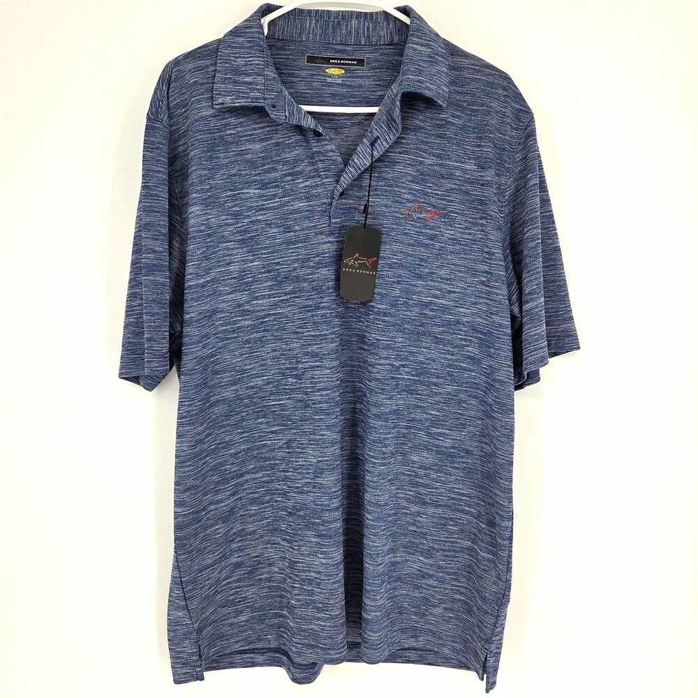Greg Norman Play Dry Moisture Wicking Blue Polo Shirt Large Logo Golf Activewear